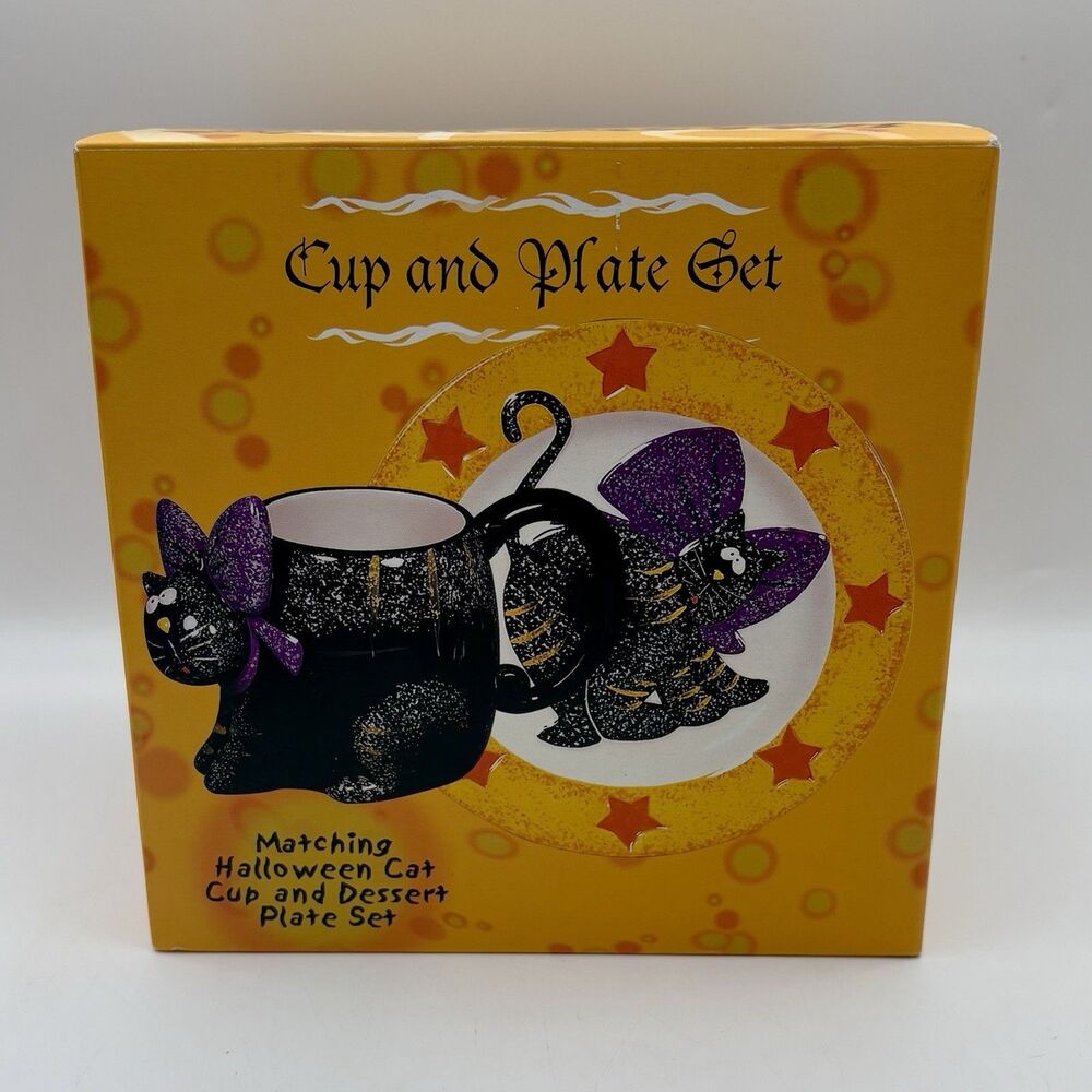 Halloween Matching Black Cat Cup & Dessert Plate Set New Open Box